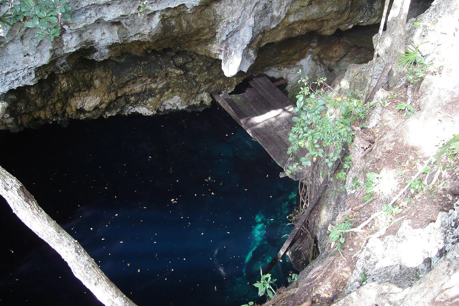 Blick von oben durch eine Felsöffnung auf dunkelblaues Wasser, rechts ein Holzgerüst und Pflanzen am Fels
