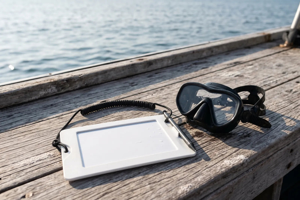 Leere Tauchtafel mit Bleistift neben einer Tauchmaske auf dem Holzdeck eines Bootes