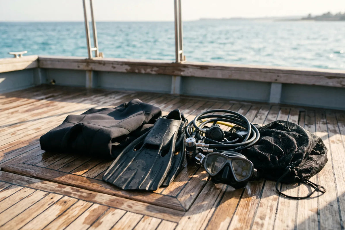 Tauchausrüstung gepackt auf dem Holzdeck eines Tauchboots, dahinter türkises Wasser