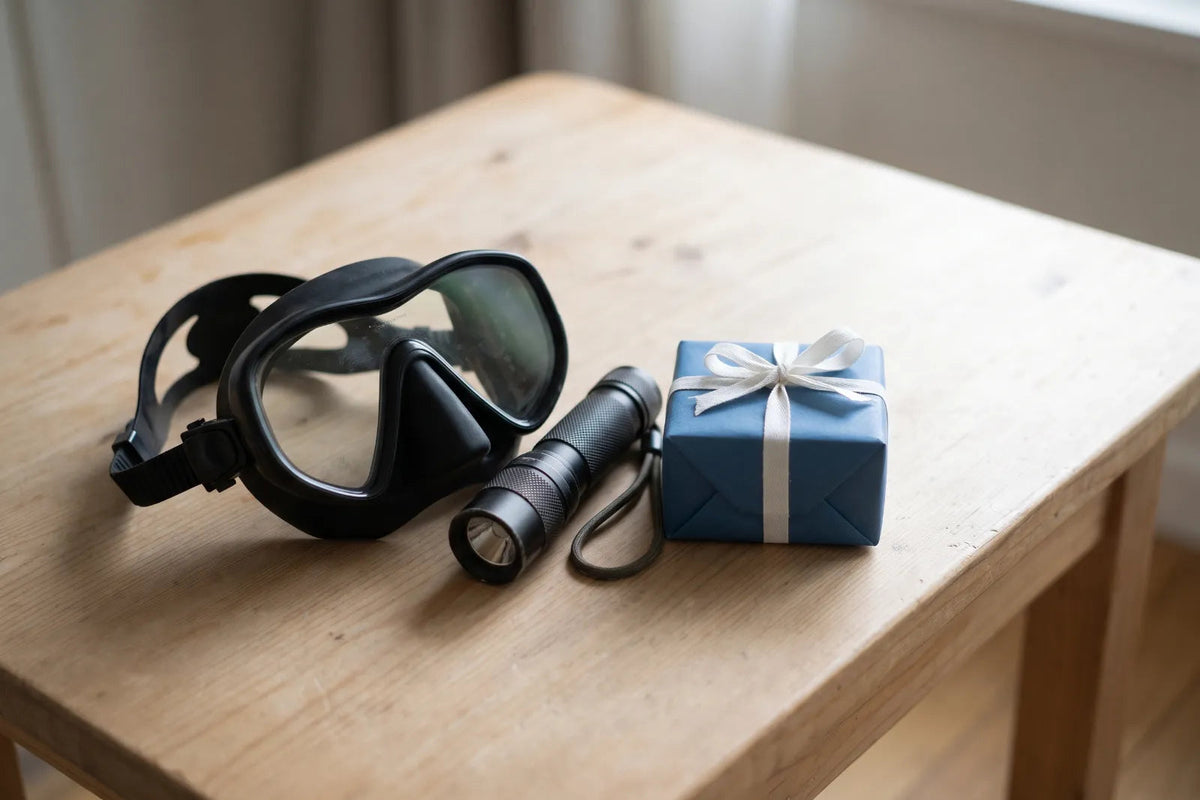 Schwarze Tauchmaske und Tauchlampe neben einem blau verpackten Geschenk mit weißer Schleife auf einem Holztisch