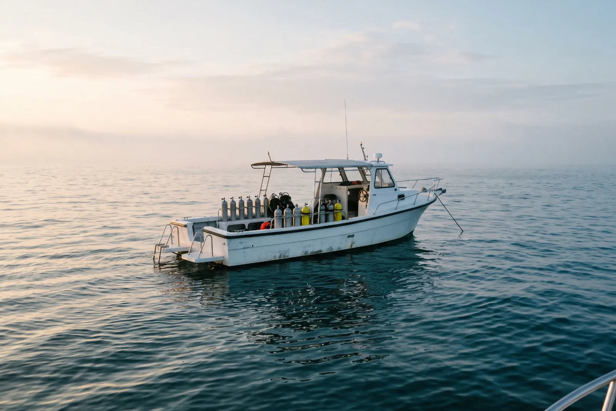 Kleines weißes Tauchboot mit Flaschen an Deck auf ruhigem, offenem Meer im weichen Morgenlicht