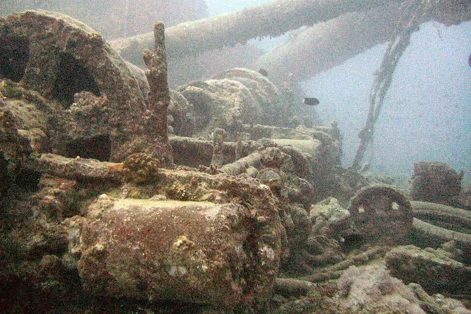 Bewachsene Räder, Achsen und Kessel der Ladung auf dem Deck eines Wracks, oben Träger und Masten