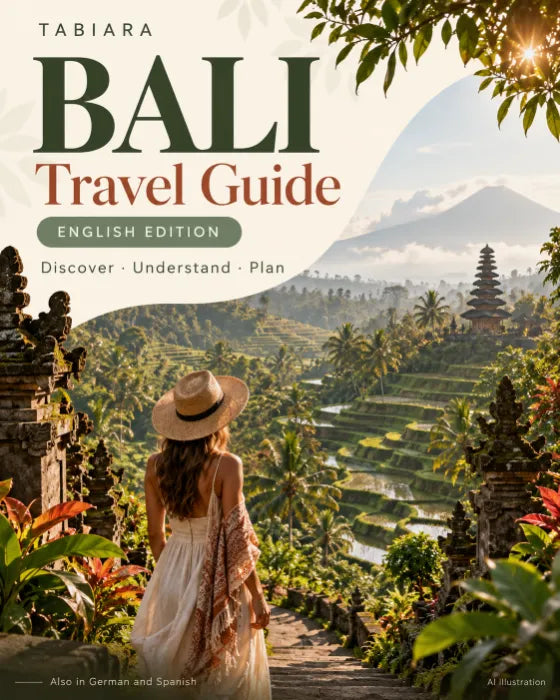 Titelseite des Reiseführers Bali von Tabiara: Reisterrassen, ein Tempel und ein Vulkan im Morgenlicht